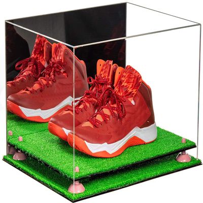 Better Display Cases Acrylic Extra Large Shoe Display Case for Basketball Shoe, Hightop, Soccer & Football Cleats with Mirror Case, Pink Risers and Turf Base 18 x 14 x 12 (A014/V60)