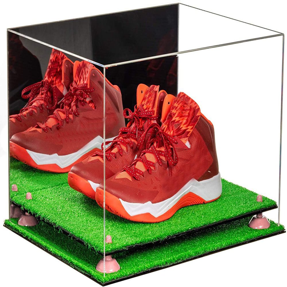 Better Display Cases Acrylic Extra Large Shoe Display Case for Basketball Shoe, Hightop, Soccer & Football Cleats with Mirror Case, Pink Risers and Turf Base 18 x 14 x 12 (A014/V60)