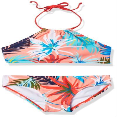 Kanu Surf Girls, Mahina UPF 50+ Beach Sport Halter Bikini 2-Piece Swimsuit, Cool Breeze Coral, 6X