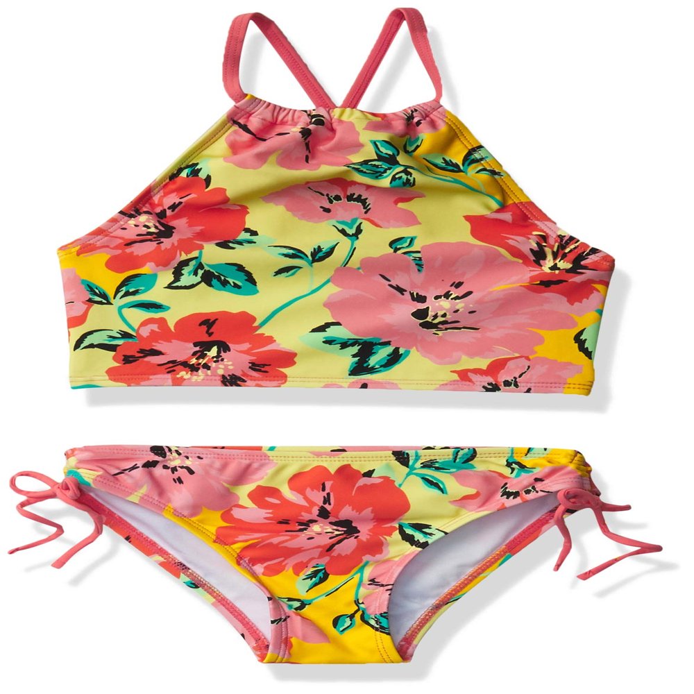 Kanu Surf Girls, Hallie UPF 50 Beach Sport Halter Tankini 2-Piece Swimsuit, Flower Power Yellow, 4T