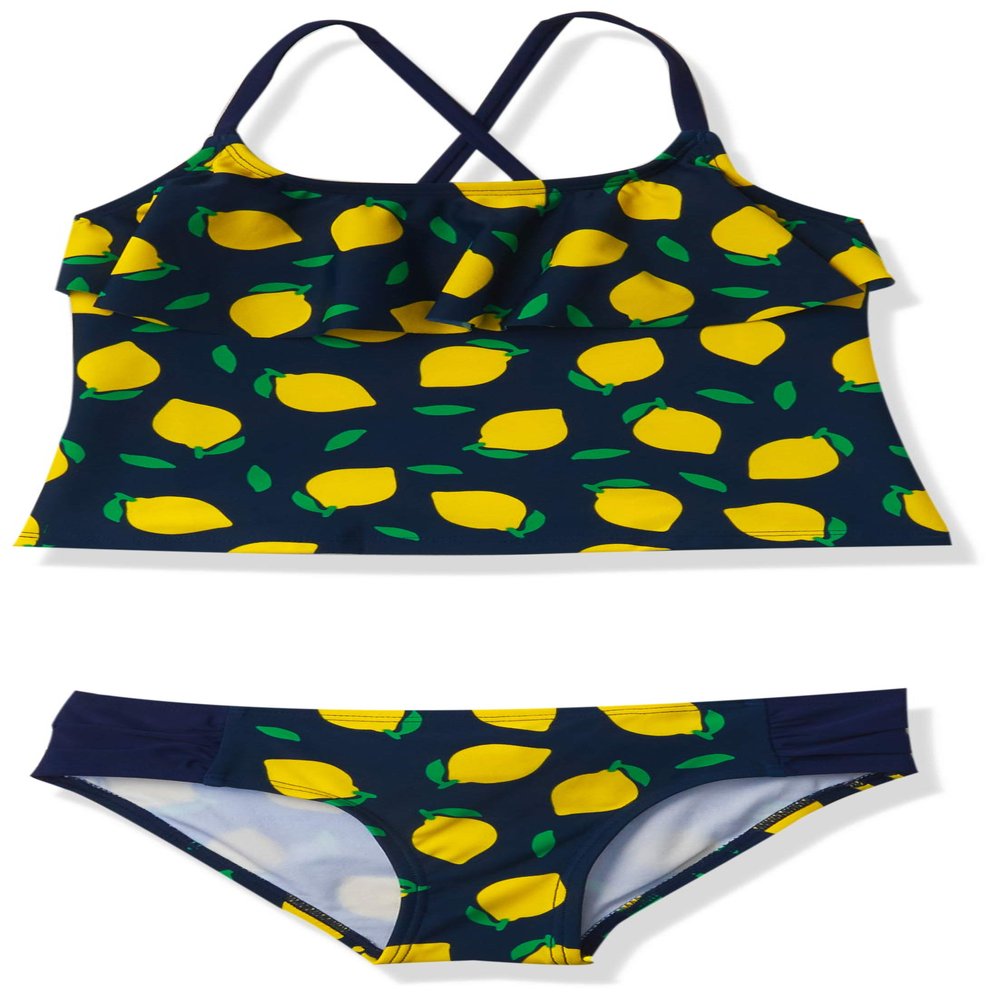 Kanu Surf girls Charlotte Flounce Tankini Beach Sport 2-piece Two Piece Swimsuit, Lemonade Navy, 8 US