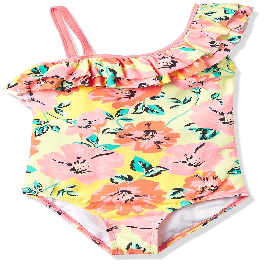 Kanu Surf Girls' Morgan Floral Ruffle 1-Shoulder 1-Piece Swimsuit, Flower Power Yellow, 6X