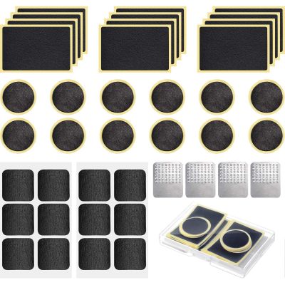 40 Pieces Bicycle Tire Repair Kit Includes 36 Pieces Glueless Bike Tube Patches Self Adhesive Bicycle Tire Patches Included Round Square Rectangle and 4 Pieces Metal Rasps for Road Mountain Bikes