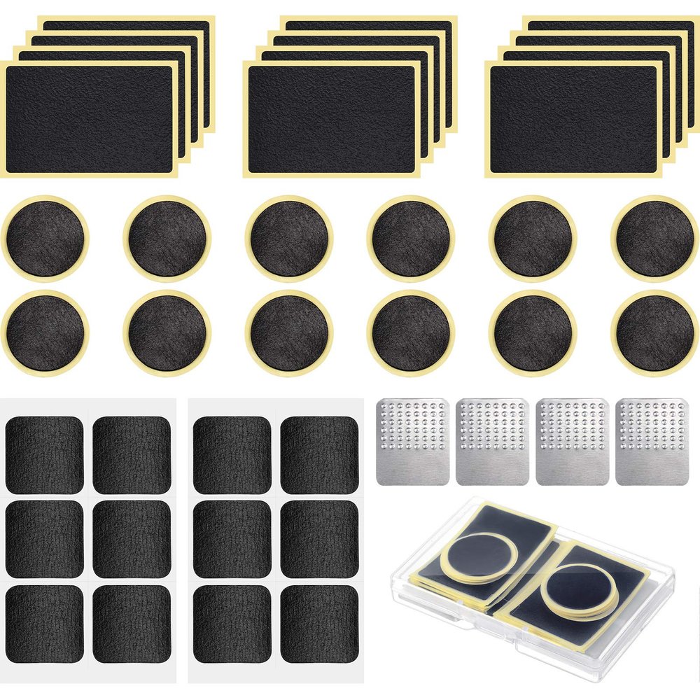 40 Pieces Bicycle Tire Repair Kit Includes 36 Pieces Glueless Bike Tube Patches Self Adhesive Bicycle Tire Patches Included Round Square Rectangle and 4 Pieces Metal Rasps for Road Mountain Bikes