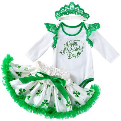 AGQT Baby Girls St. Patricks Day Outfit Newborn 1st Letter Long Sleeve Shamrock Romper+ Tutu Skirt+ Headband 3Pcs Infant Dress 12-24M