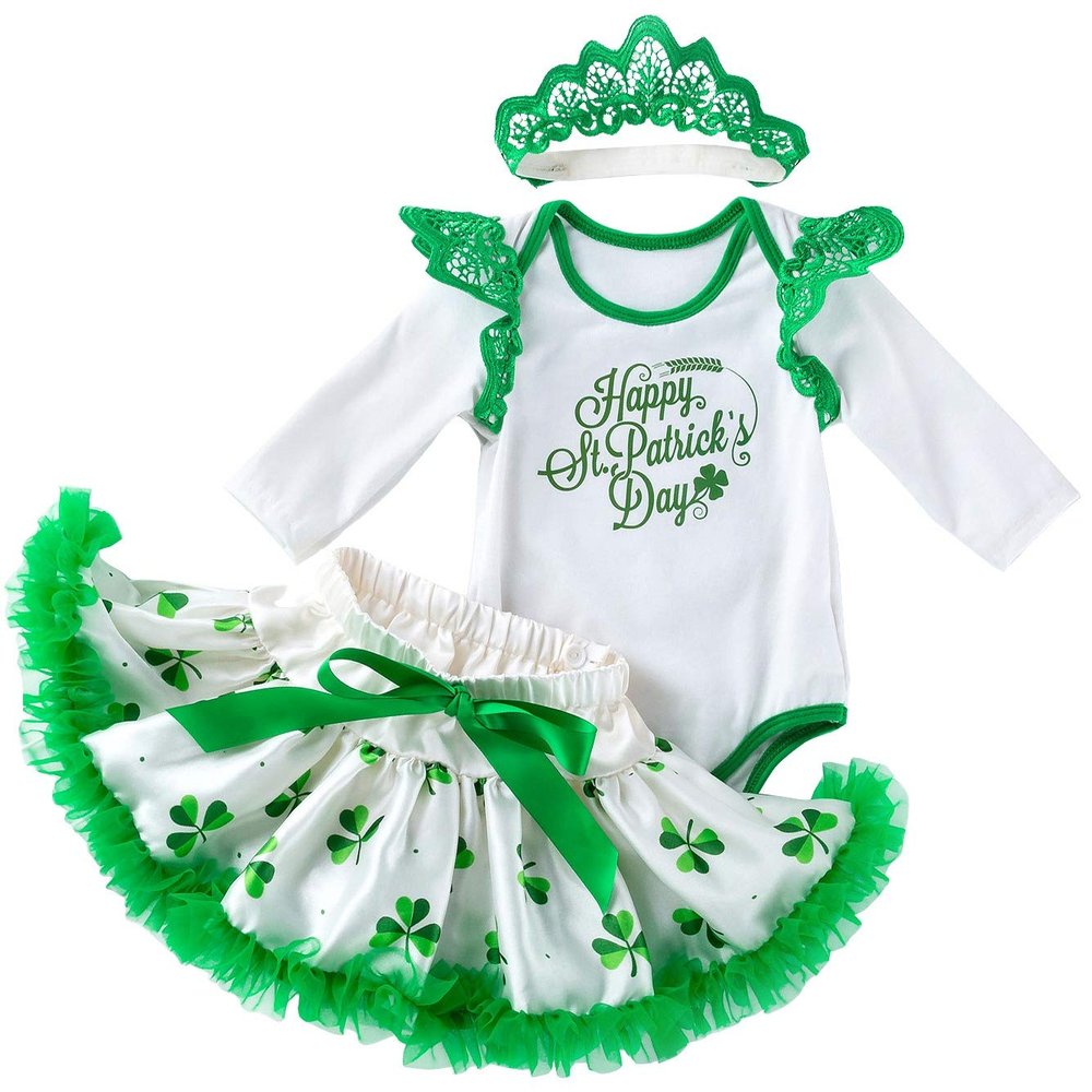 AGQT Baby Girls St. Patricks Day Outfit Newborn 1st Letter Long Sleeve Shamrock Romper+ Tutu Skirt+ Headband 3Pcs Infant Dress 12-24M