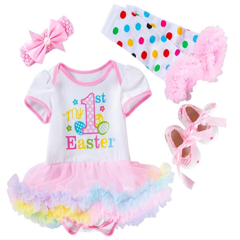 AGQT Infant Baby Girls Easter Outfit Set Bunny Skirt Set Onesie Bodysuit Romper Pink Size 6-12 Months(73)