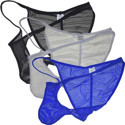 JAXFSTK Men Slinky Brazilain Bikini Briefs Underwear Ruched Back Sheer Cheeky Briefs 3-Pack Black White Blue XL