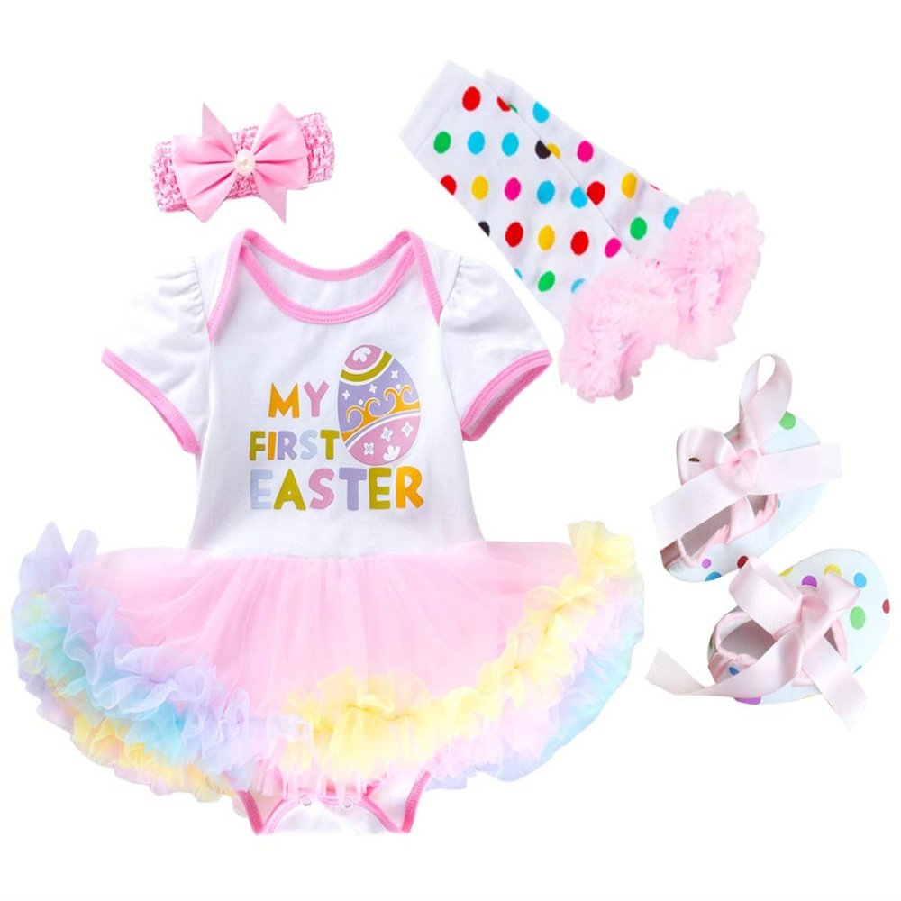 AGQT Baby Girls 1st Easter Skirt Set Onesies Bodysuit 4PCS Short Sleeve Outfit & Leg Warmer & Shoes & Headband White Size 12-24 Months(80)