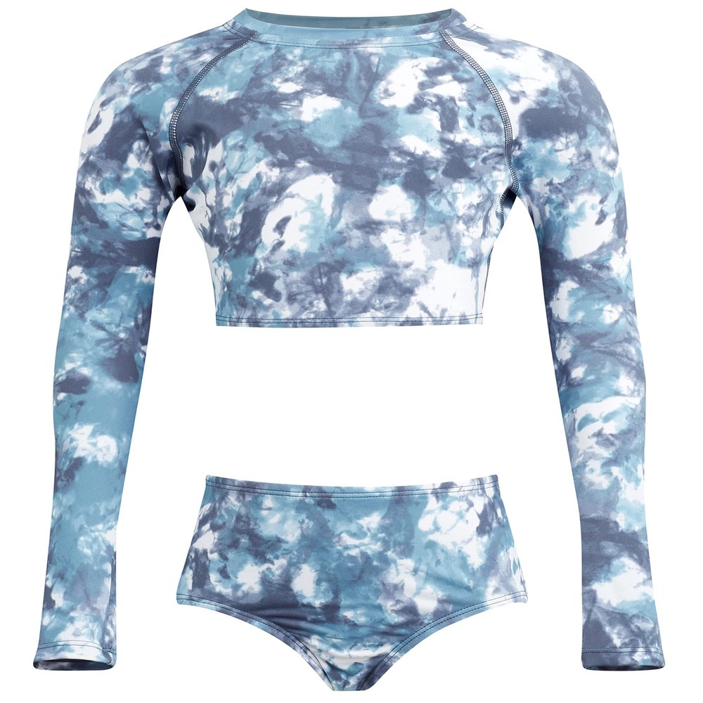 Kanu Surf Girls' Long Sleeve Rashguard UPF 50+ Two Piece Swim Set, Seafoam Crop Denim Blue, 14/16