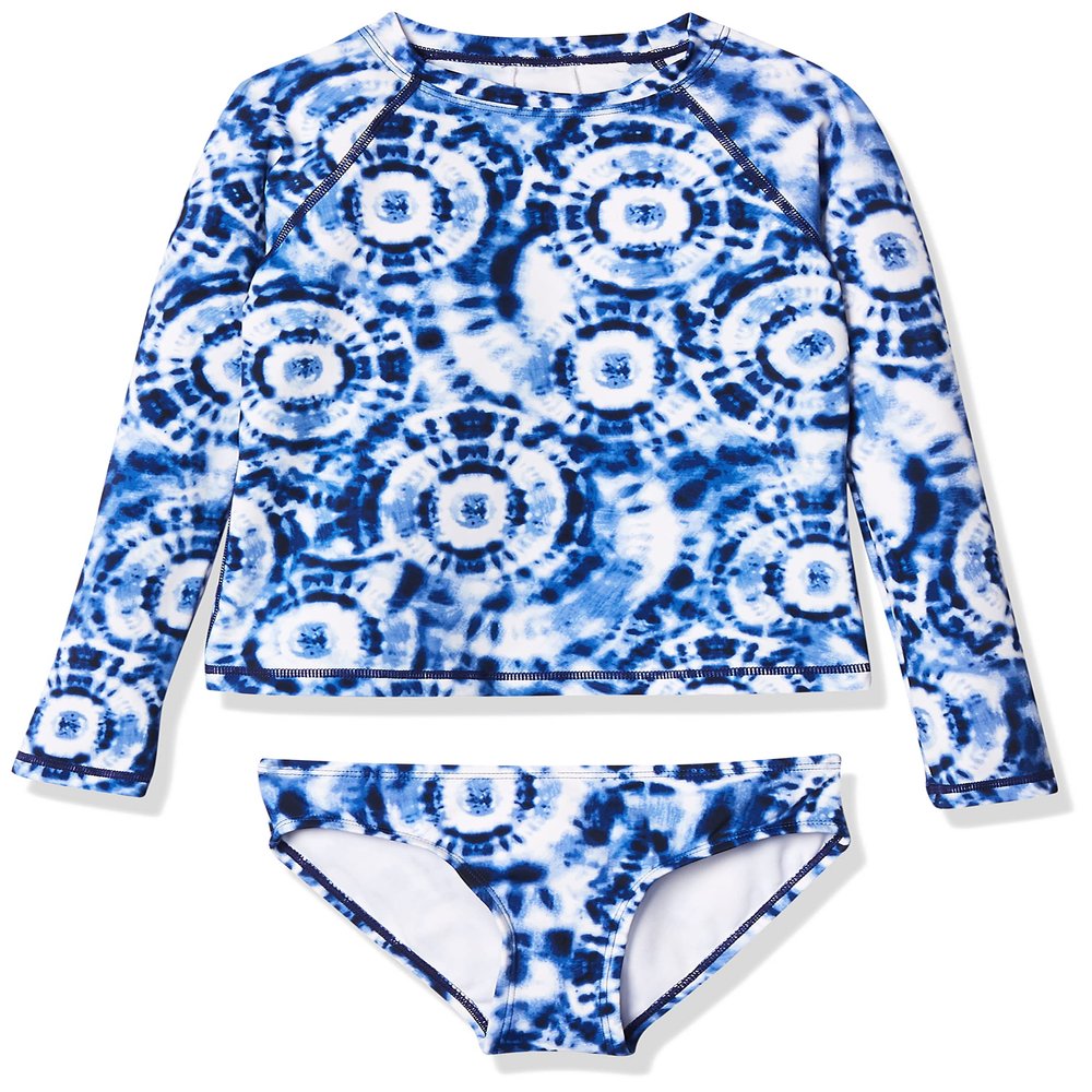 Kanu Surf Girls' Long Sleeve Rashguard UPF 50+ Two Piece Swim Set, Groovy Denim Blue, 14/16