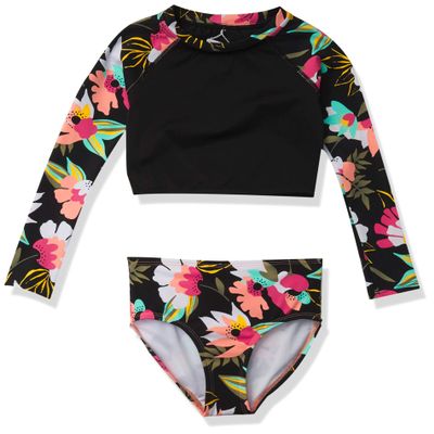 Kanu Surf Girls' Long Sleeve Rashguard UPF 50+ Two Piece Swim Set, Tropical Dance Crop Black, 5T