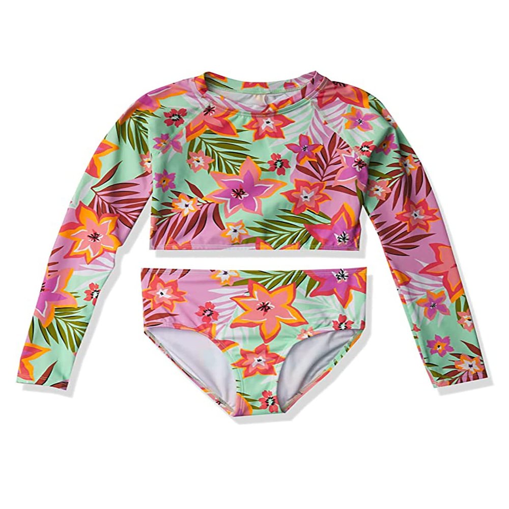 Kanu Surf Girls' Long Sleeve Rashguard UPF 50+ Two Piece Swim Set, Coral Reef Crop Pink, 12