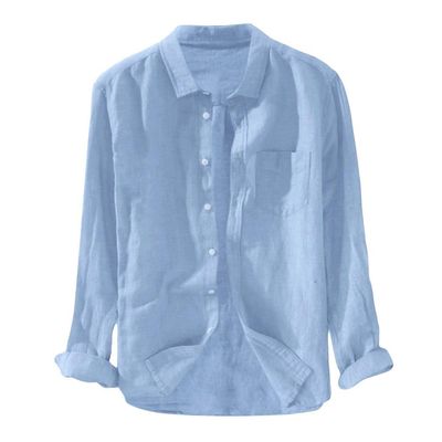 Maryia Men's Casual Solid Cotton Linen Shirts Button Down Long Sleeve Beach T Shirts Plus Size Pocket Top Blouse Blue