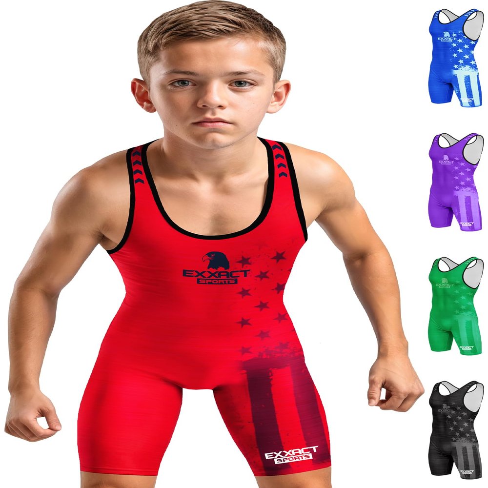 Exxact Sports Patriot Youth Wrestling Singlet For Boys, Premium Powerlifting Singlet, Kids Wrestling Singlets For Training (YS, Red)