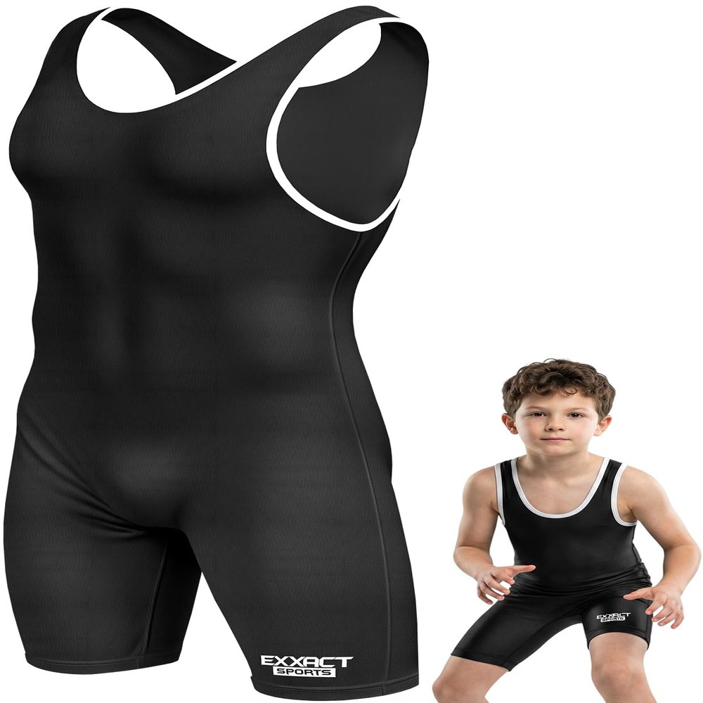 Exxact Sports Plain Youth Wrestling Singlet For Boys, Premium Powerlifting Singlet, Kids Wrestling Singlets For Training - (Black, YL)