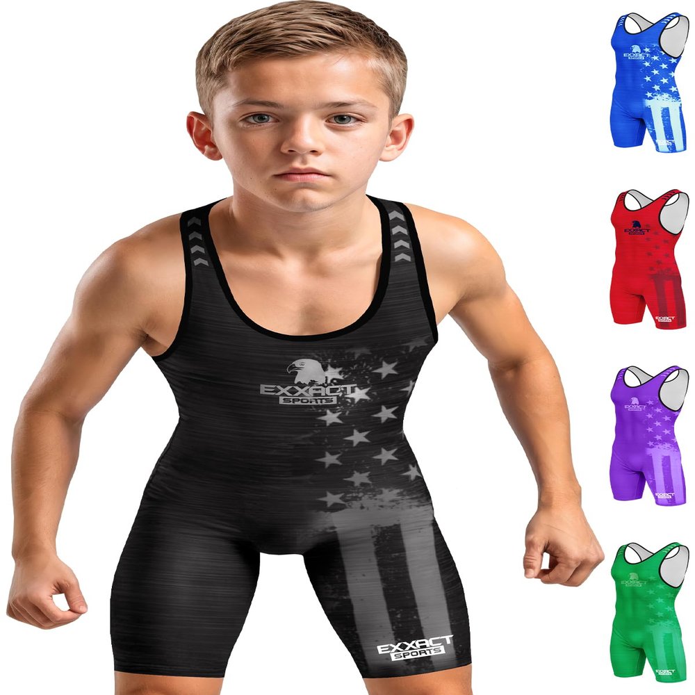 Exxact Sports Patriot Youth Wrestling Singlet For Boys, Premium Powerlifting Singlet, Kids Wrestling Singlets For Training (YM, Black)