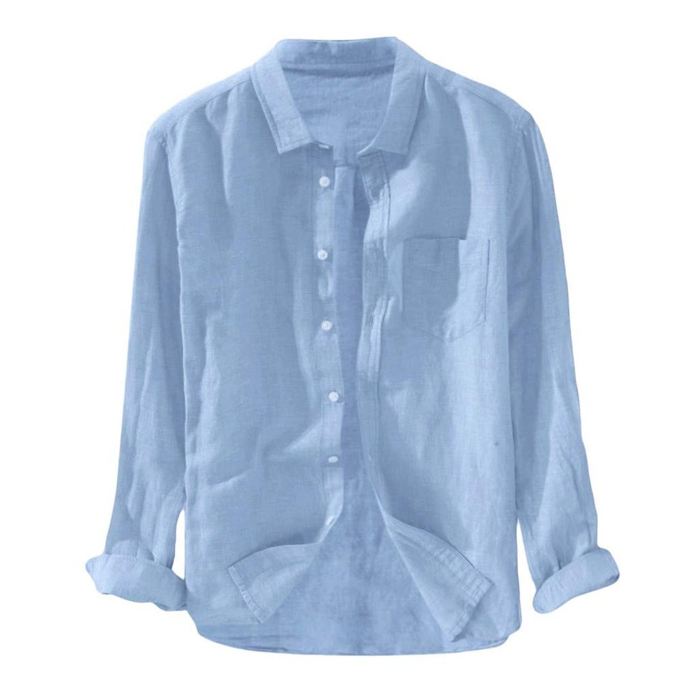 Maryia Men's Casual Solid Cotton Linen Shirts Button Down Long Sleeve Beach T Shirts Plus Size Pocket Top Blouse Blue