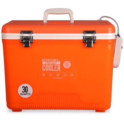 Engel 30qt Live Bait Cooler Box with 2nd Gen 2-Speed Aerator Pump - Portable Fishing Station & Minnow Bucket for Shrimp & Other Live Fish with Aerator - ENGLBC30-N in Orange High-Visibility