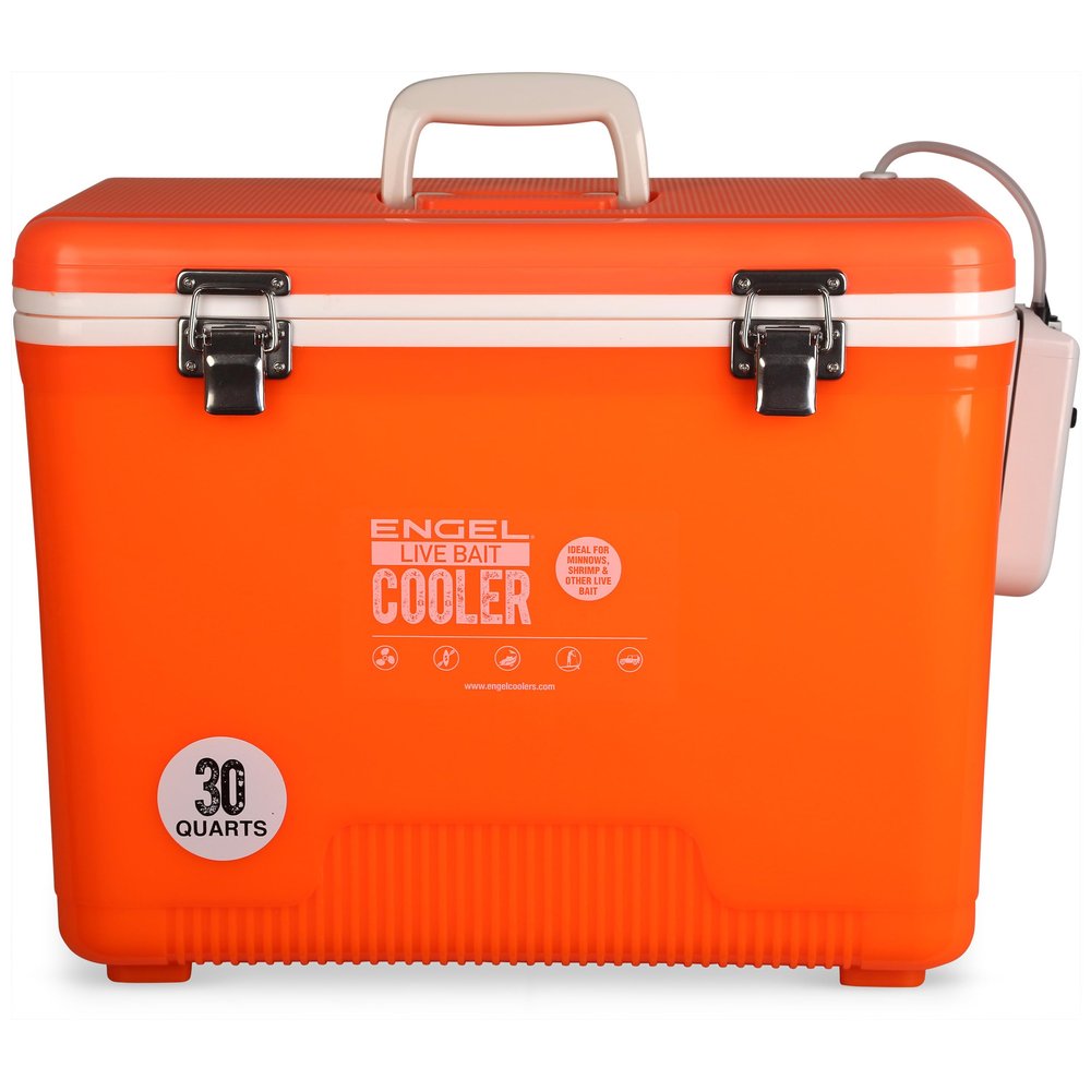Engel 30qt Live Bait Cooler Box with 2nd Gen 2-Speed Aerator Pump - Portable Fishing Station & Minnow Bucket for Shrimp & Other Live Fish with Aerator - ENGLBC30-N in Orange High-Visibility