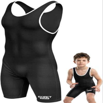 Exxact Sports Plain Youth Wrestling Singlet For Boys, Premium Powerlifting Singlet, Kids Wrestling Singlets For Training - (Black, YM)