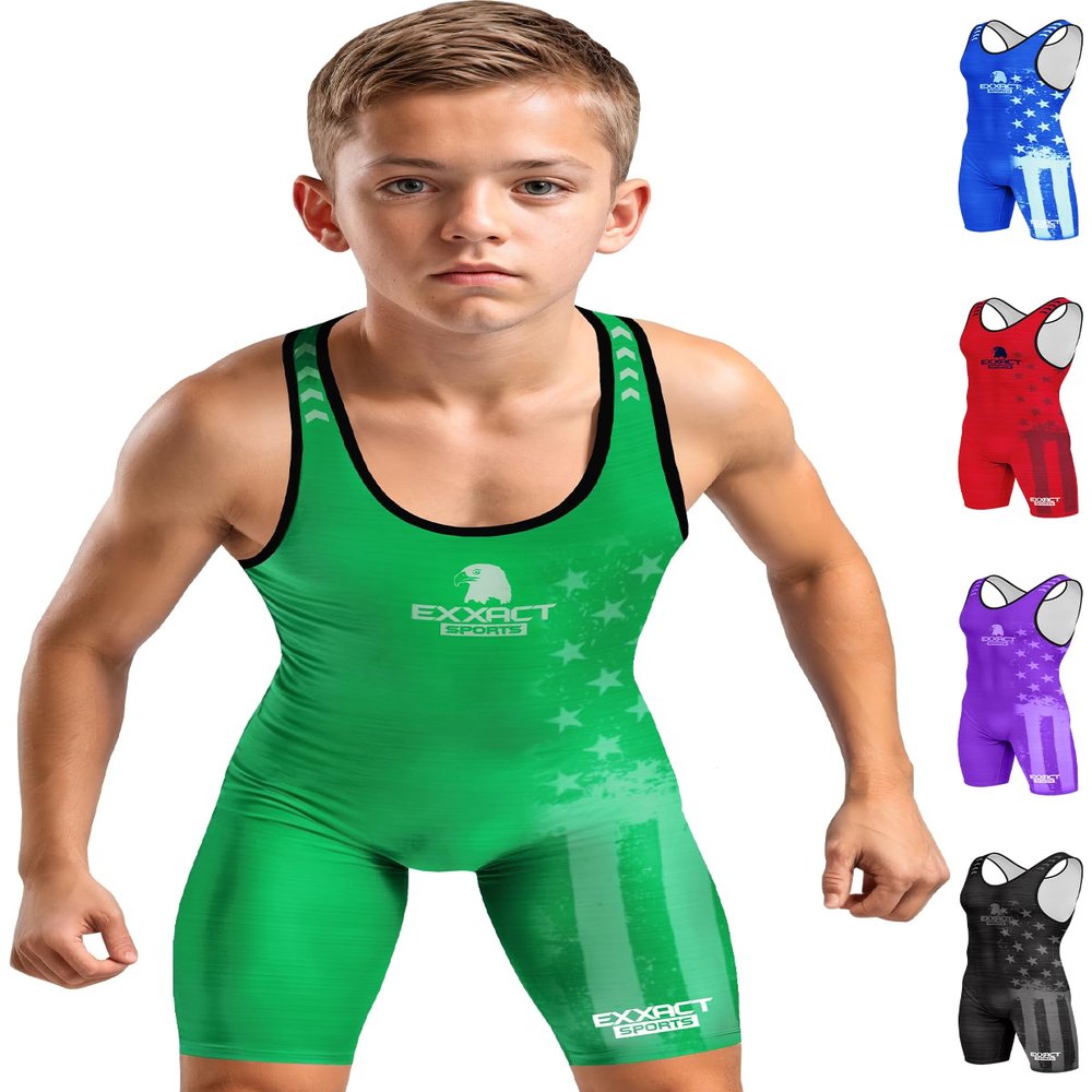 Exxact Sports Patriot Youth Wrestling Singlet For Boys, Premium Powerlifting Singlet, Kids Wrestling Singlets For Training (YL, Green)