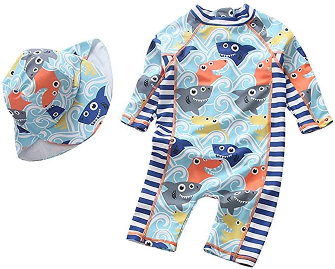 Best for All Baby Boys Kids Swimsuit Toddlers One Piece Zipper Bathing Suit Swimwear with Hat Rash Guard Surfing Suit (Light Fish, 3-6 Months)