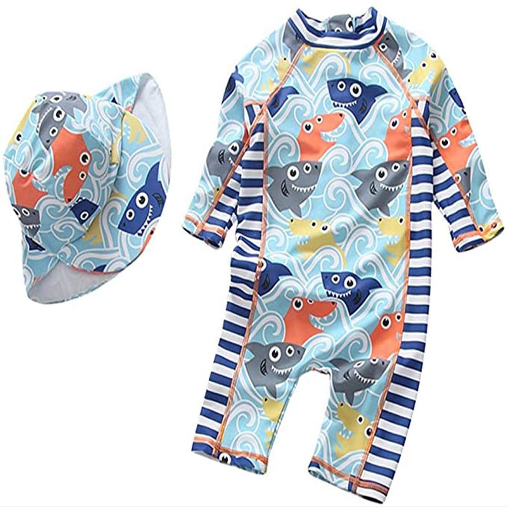 Best for All Baby Boys Kids Swimsuit Toddlers One Piece Zipper Bathing Suit Swimwear with Hat Rash Guard Surfing Suit (Light Fish, 18-24 Months)