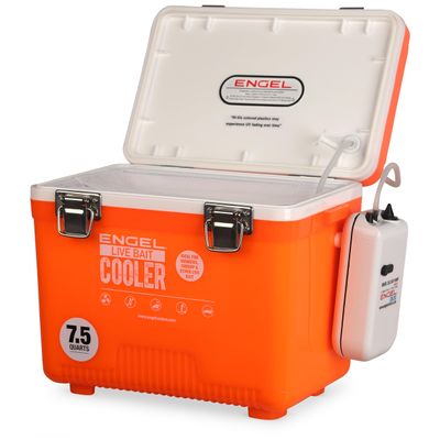 Engel 7.5qt Live Bait Cooler Box with 2nd Gen 2-Speed Aerator Pump - Portable Fishing Station & Minnow Bucket for Shrimp & Other Live Fish with Aerator - ENGLBC7-N-OHV in Orange High-Visibility