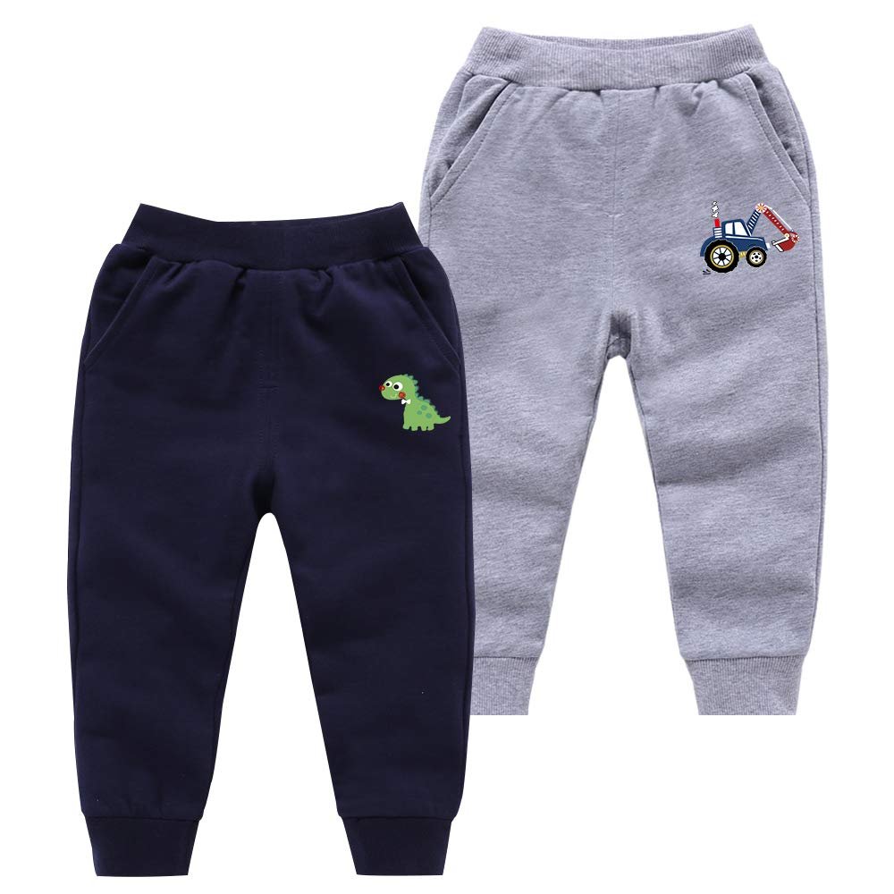 Azalquat Toddlers Boys Cotton Pull-On Sweat Pants, Cartoon Print Jog Sweatpants 2-Pack (Grey Car & Dark Blue, 8 Years)