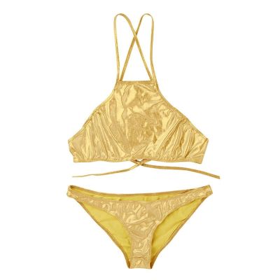 DINGGUANGHE-CUP Men's Thongs, Briefs Female Shiny Bikini Suit Becahwear Strappy Crop Top Briefs Underwear Lingerie Set (Color : Gold, Size : X-Large)
