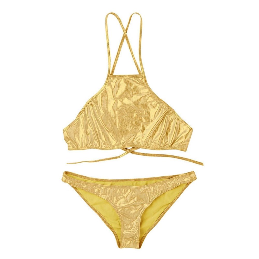 DINGGUANGHE-CUP Men's Thongs, Briefs Female Shiny Bikini Suit Becahwear Strappy Crop Top Briefs Underwear Lingerie Set (Color : Gold, Size : X-Large)