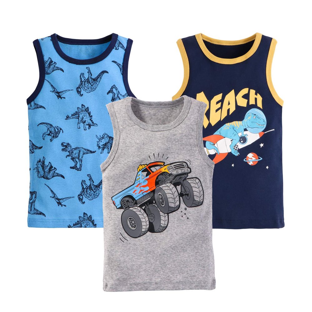 AQEACARMON Baby Boys' Tank Tops Dinosaur 3 Pack Tanks Set (Rocket + car + Dinosaur,2T)
