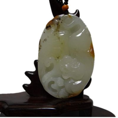 2.4" China Certified Nature Yellow Dragon Jade Auspicious Tiger and Lotus Hand Carved Necklace Pendants 2353