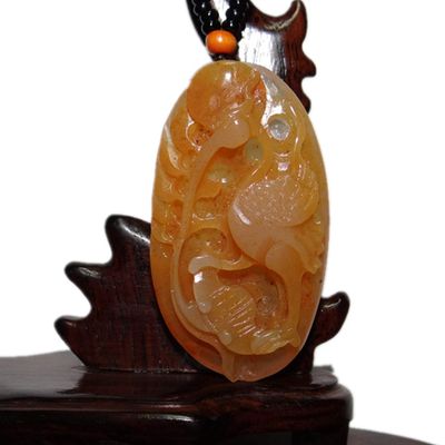 2.2" China Certified Nature Yellow Dragon Jade Wealth Crane and Crab Hand Carved Necklace Pendants 2344