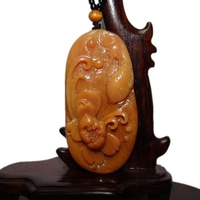 2.5" China Certified Nature Yellow Dragon Jade Fortue Fish and Lotus Hand Carved Necklace Pendants 2341