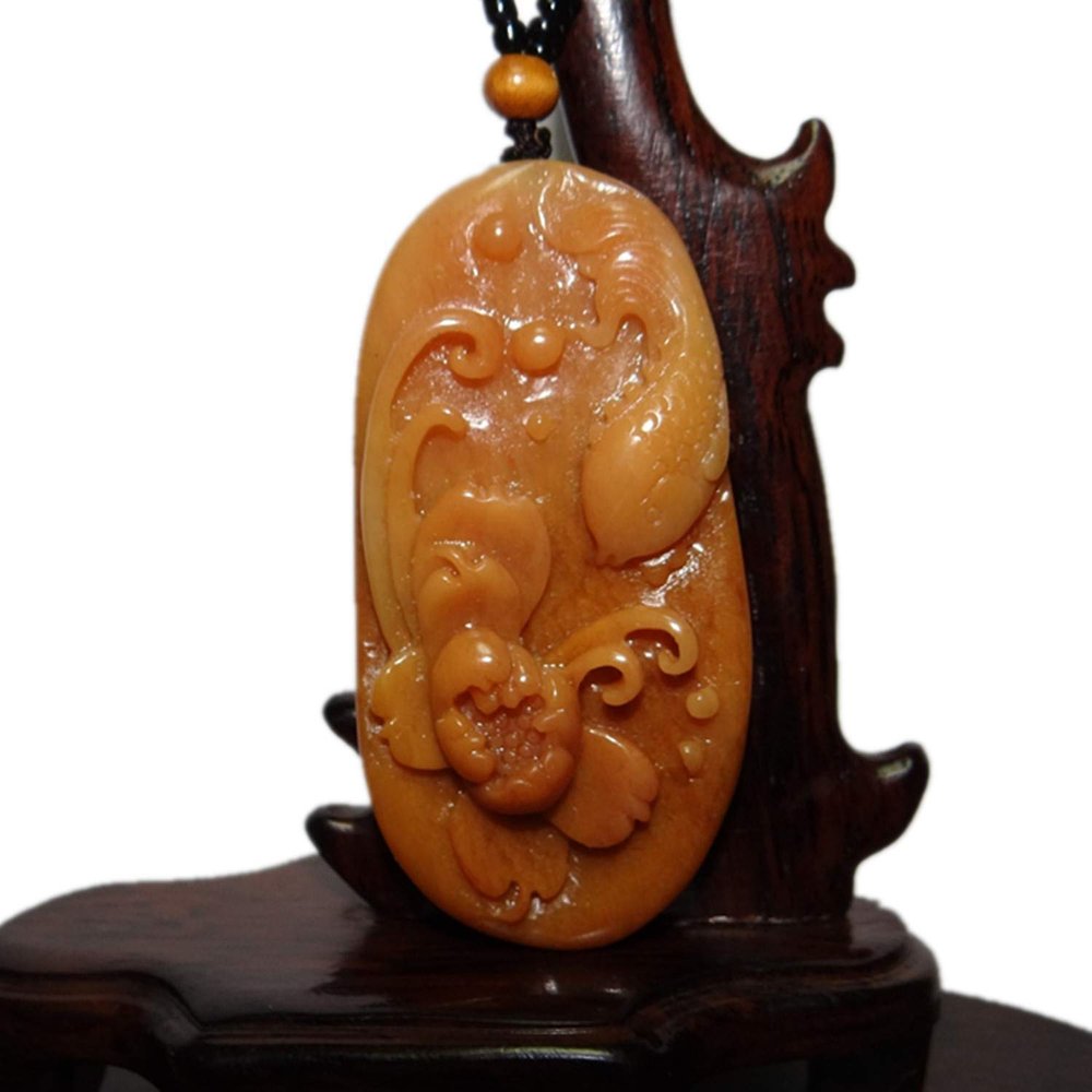 2.5" China Certified Nature Yellow Dragon Jade Fortue Fish and Lotus Hand Carved Necklace Pendants 2341