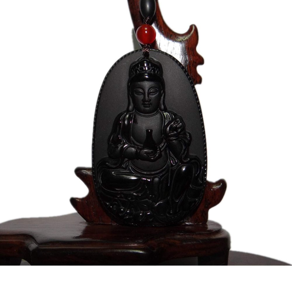 2.2" China Certified Nature Black Obsidian Jade Blessing Kwan-yin Hand Made Necklace Pendant 8973