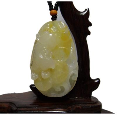 2.1" China Certified Nature Yellow Dragon Jade Fortue Rat and Coin Hand Carved Necklace Pendants 2366