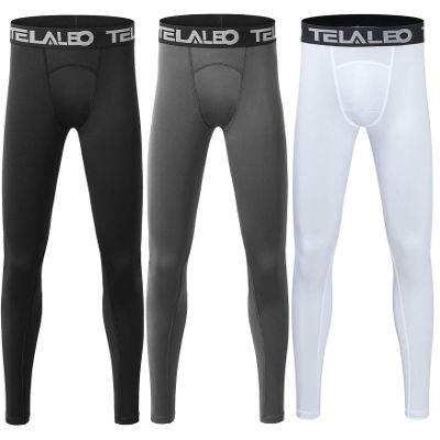 TELALEO 3 Pack Boys' Youth Compression Leggings Tights Base Layer Athletic Pants for Sports Basketball Hockey Baseball Running Black Grey White 3 Pack L