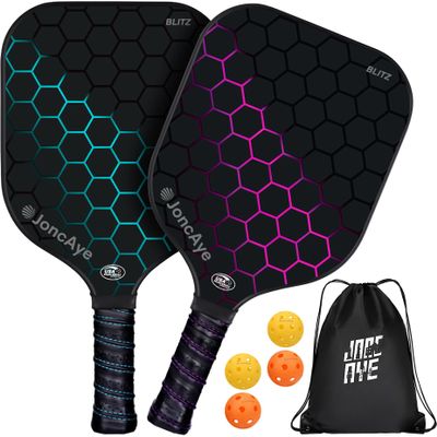 JoncAye USAPA Approved Pickleball Paddles Set of 2 - Fiberglass Rackets, 4 Outdoor Indoor Balls, Racquet Bag, Grip Tape - Lightweight Pickle-Ball Equipment for Men Women Adults Kids