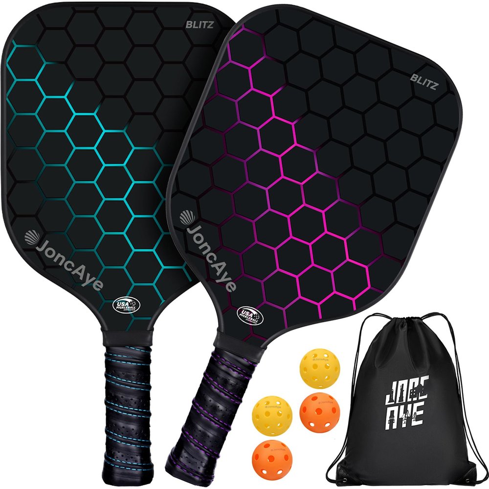 JoncAye USAPA Approved Pickleball Paddles Set of 2 - Fiberglass Rackets, 4 Outdoor Indoor Balls, Racquet Bag, Grip Tape - Lightweight Pickle-Ball Equipment for Men Women Adults Kids