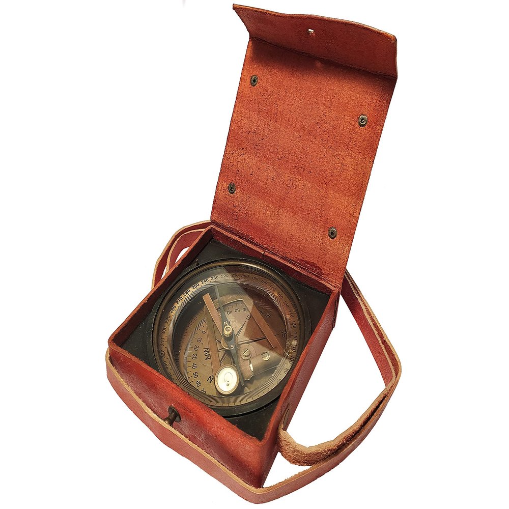 Vintage Nautical Maritime Kelvin and Hughes London 1917 Aluminum Brunton Compass with Leather Box/Case/Body ( Natural Sines, Brown Antique )