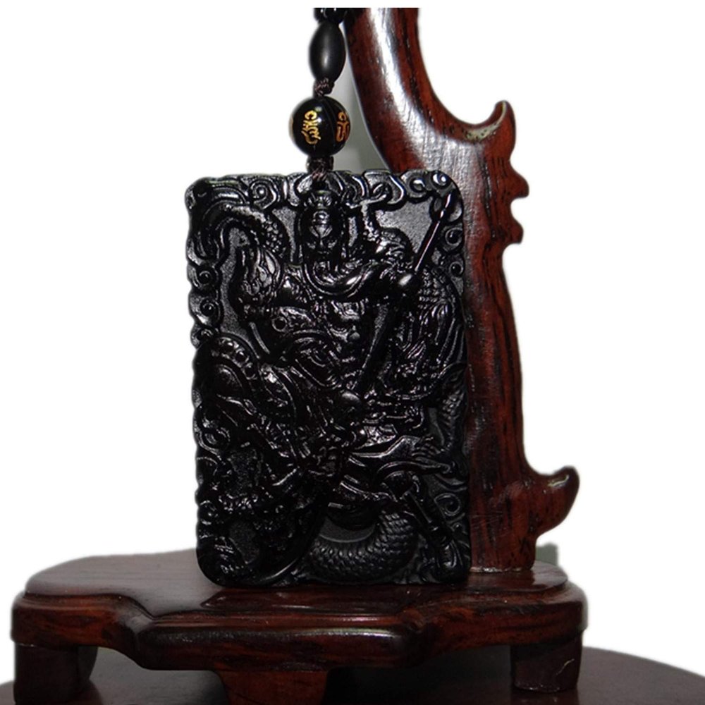 2.2" China Certified Nature Black Obsidian Jade Guangong Amulet Hand Made Necklace Pendant 8968