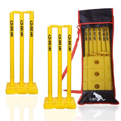 GRS Heavy Plastic Wicket - Set of 2 (6 Wicket, 4 Bails (Gulli), 2 Base and Attractive Bag -Yellow