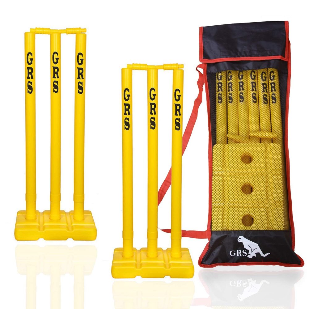GRS Heavy Plastic Wicket - Set of 2 (6 Wicket, 4 Bails (Gulli), 2 Base and Attractive Bag -Yellow