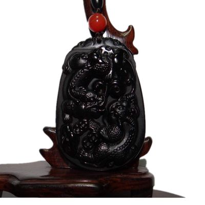 2.3" China Certified Nature Black Obsidian Jade Double Fortune Pixiu Hand Made Necklace Pendant 8986