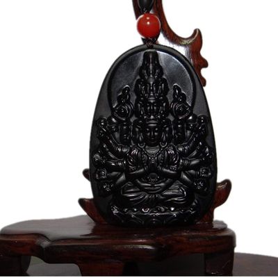 2.4" China Certified Nature Black Obsidian Jade Thousand-Hand Bodhisattva Hand Made Necklace Pendant 8965