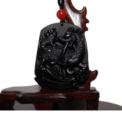 2" China Certified Nature Black Obsidian Jade Fortune Kylin Hand Made Necklace Pendant 8964