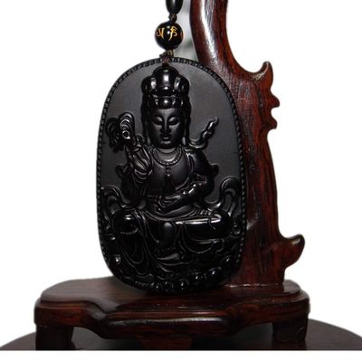 2.6" China Certified Nature Black Obsidian Jade Blessing Kwan-yin Hand Made Necklace Pendant 8970